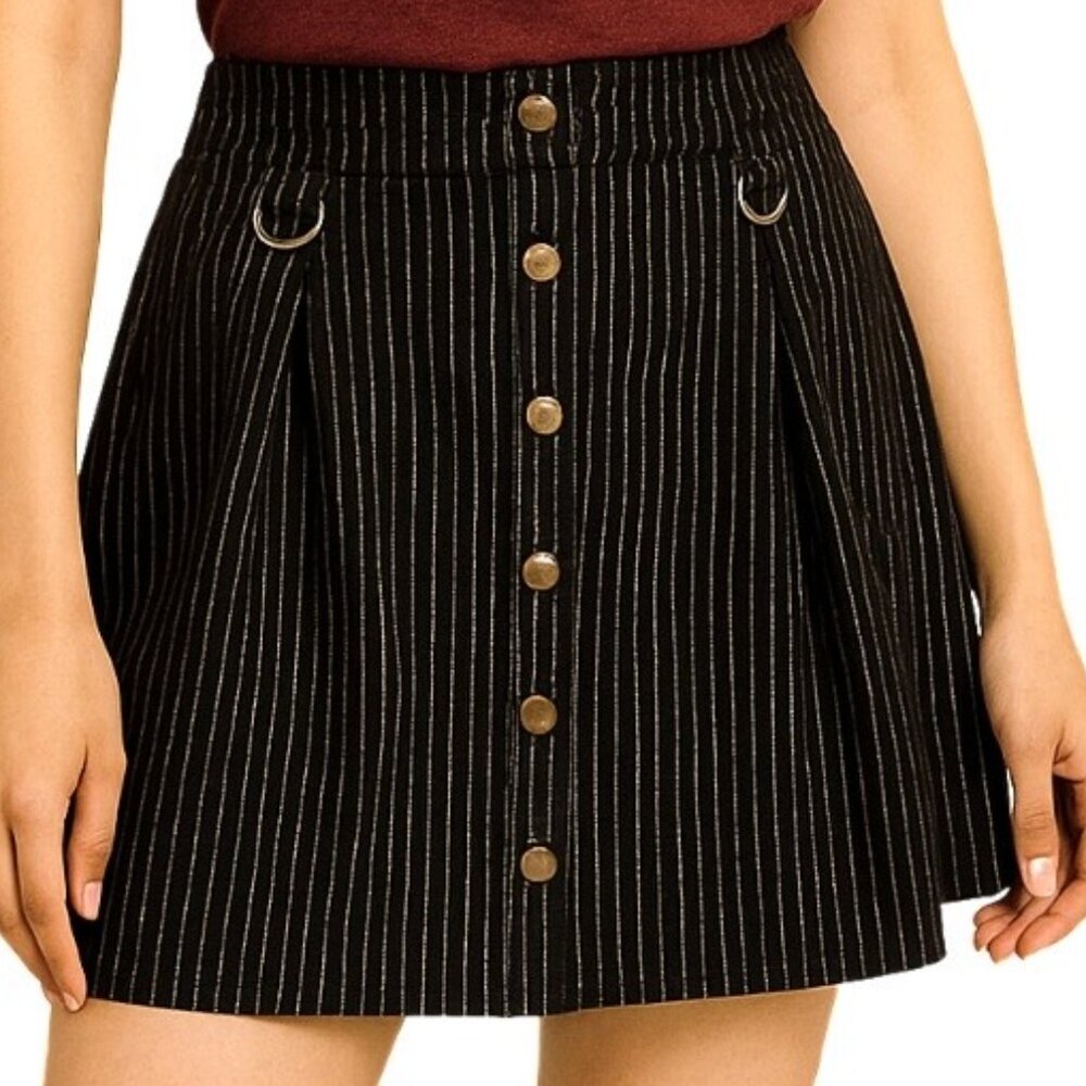 Hot Topic Medium Pinstripe Black & White Button-Front Pleated A-line Miniskirt